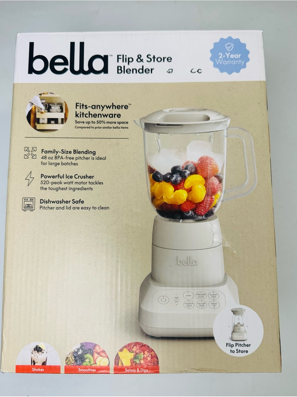 Bella Flip & Store Blender 48 oz 520W Powerful Ice Crusher Space-Saving Open Box